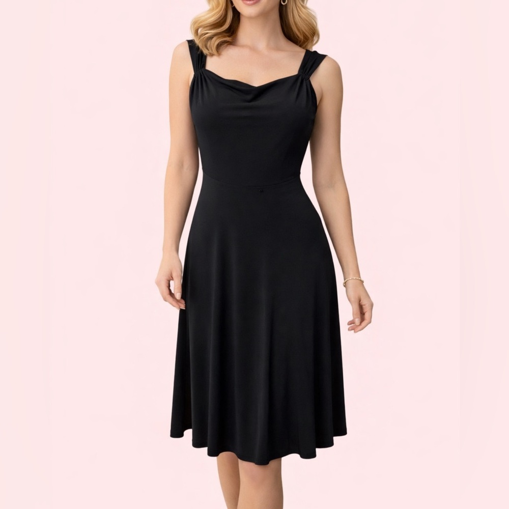 David Meister Dress Black 6 Sleeveless Flowy Stretch Midi NWOT NEW
